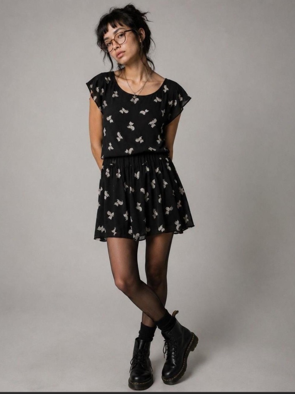 Vintage I Love H81 Forever 21 Cat Print Chiffon Mini Dress Black Medium
